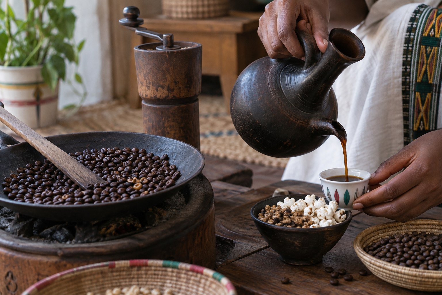 Ethiopian buna being poured from a clay jebena beside roasted coffee beans and a hand grinder.