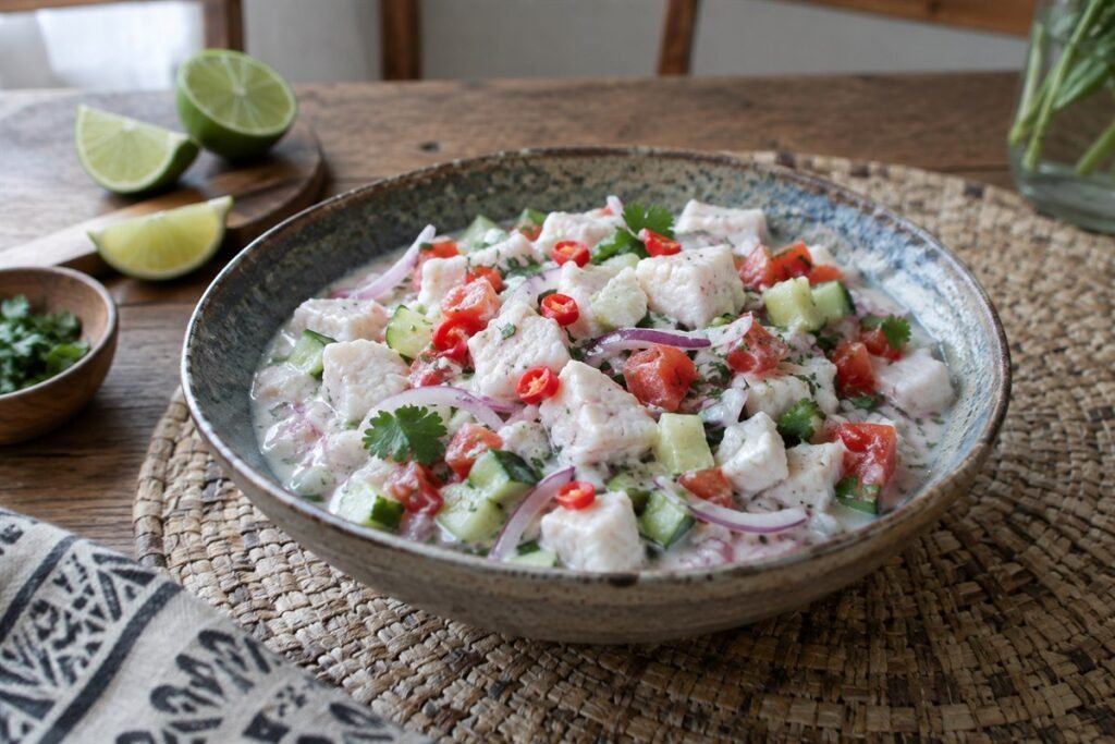 Fijian kokoda with opaque lime-marinated fish, coconut cream, tomato, cucumber, and herbs in a serving bowl.