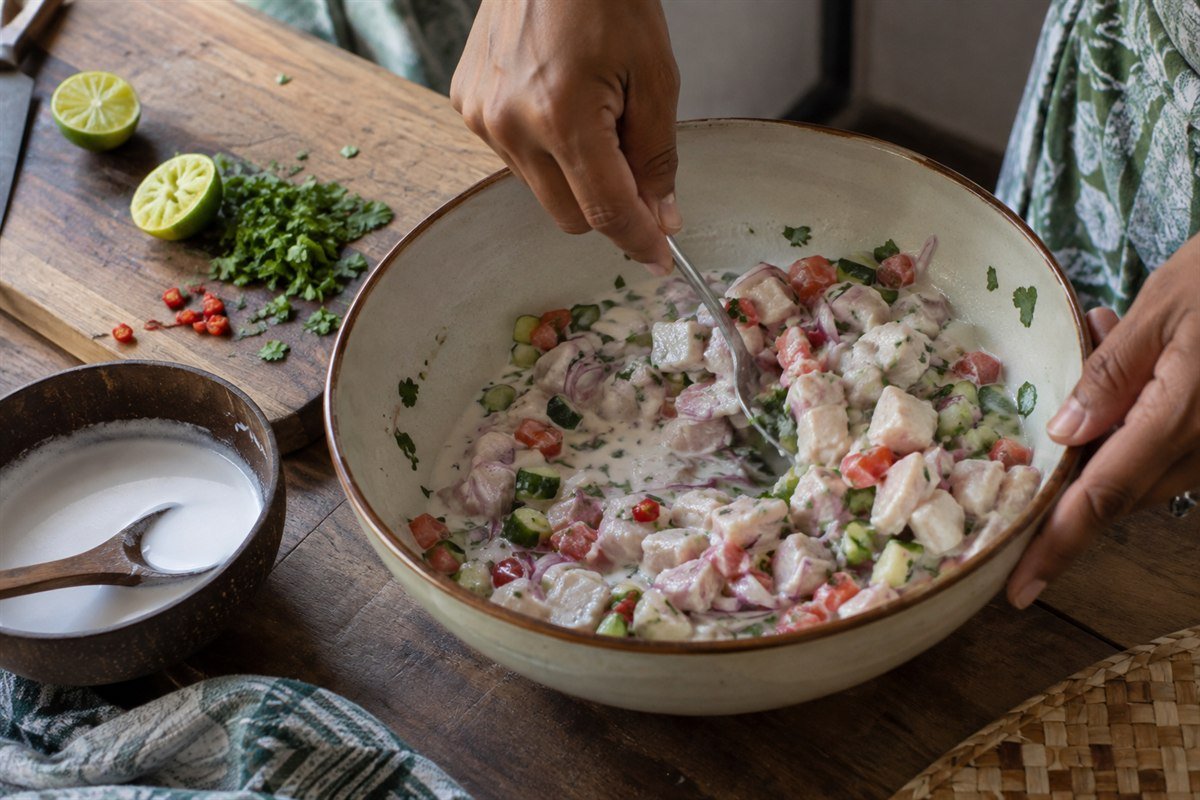 Fijian kokoda being spooned into a bowl beside coconut cream, lime, and chopped vegetables.