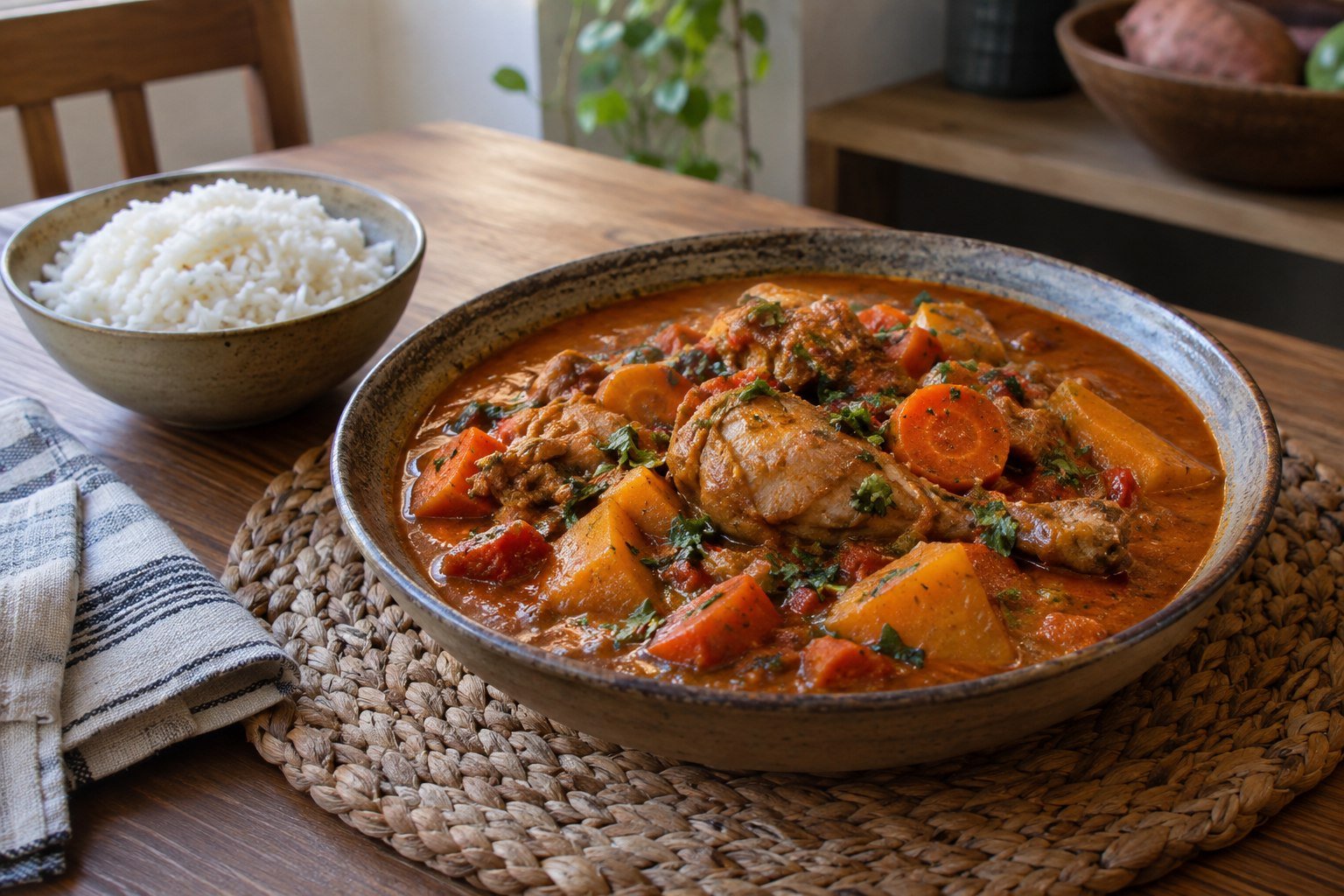 Gambian domoda peanut stew with chicken, carrots, sweet potato, and rice.