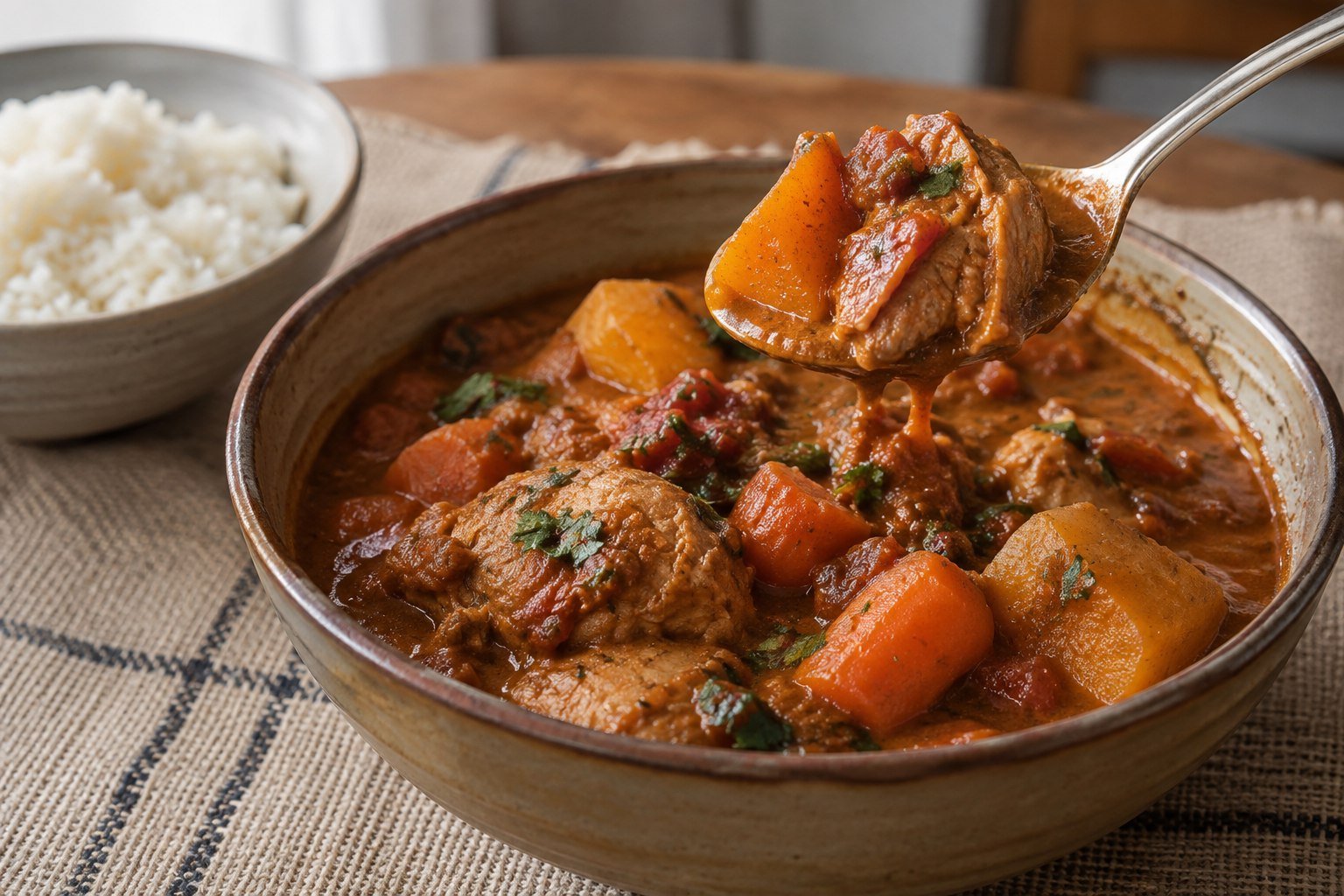 A spoonful of Gambian domoda peanut stew with chicken and vegetables beside rice.