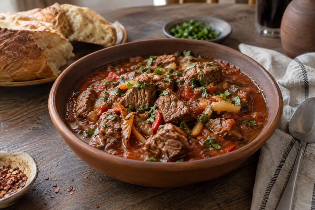 Georgian chashushuli beef and tomato stew in an earthenware bowl.