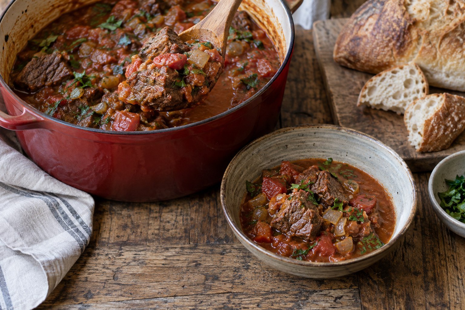 Georgian chashushuli being served from a pot with bread and herbs.