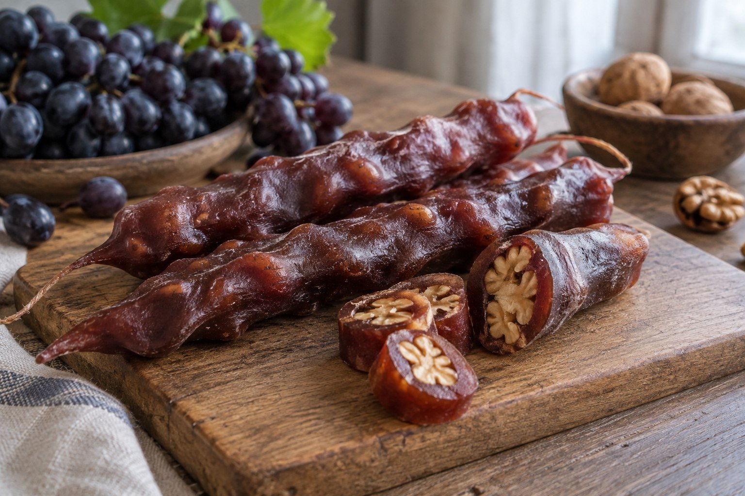 Georgian churchkhela made from walnuts coated in thick grape and wheat confection.