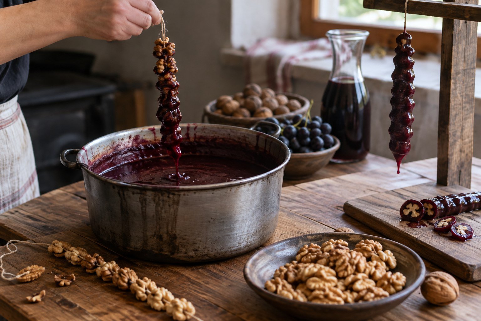 Walnut strings being dipped into grape and wheat tatara while Georgian churchkhela dries.