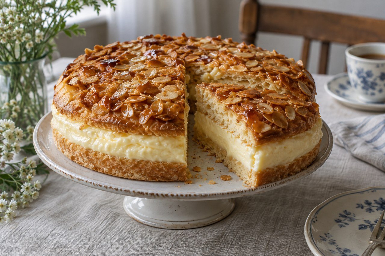 German Bienenstich cake with vanilla custard and a caramelized sliced-almond topping on a cake stand.