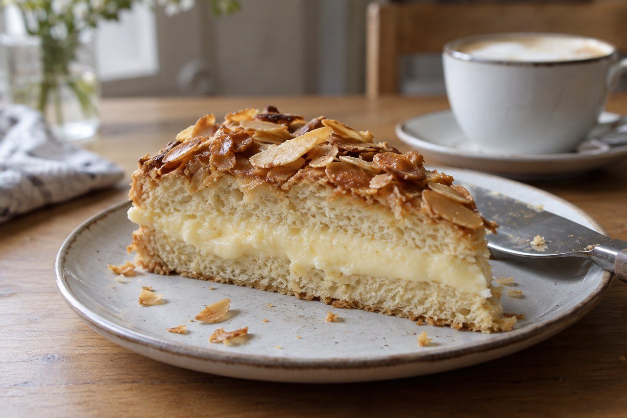 A slice of German Bienenstich showing yeast cake crumb, smooth vanilla custard, and caramelized almonds beside coffee.