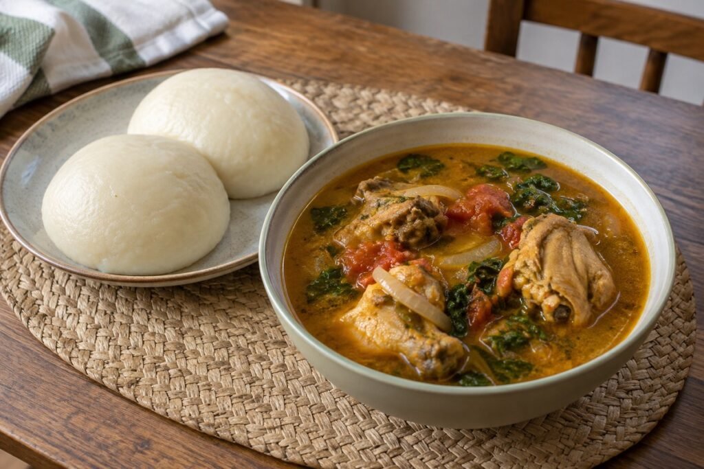 Smooth Ghanaian fufu served beside a bowl of chicken light soup.