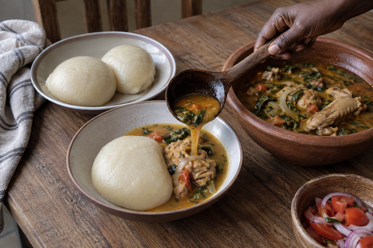 Ghanaian light soup being ladled beside smooth fufu.