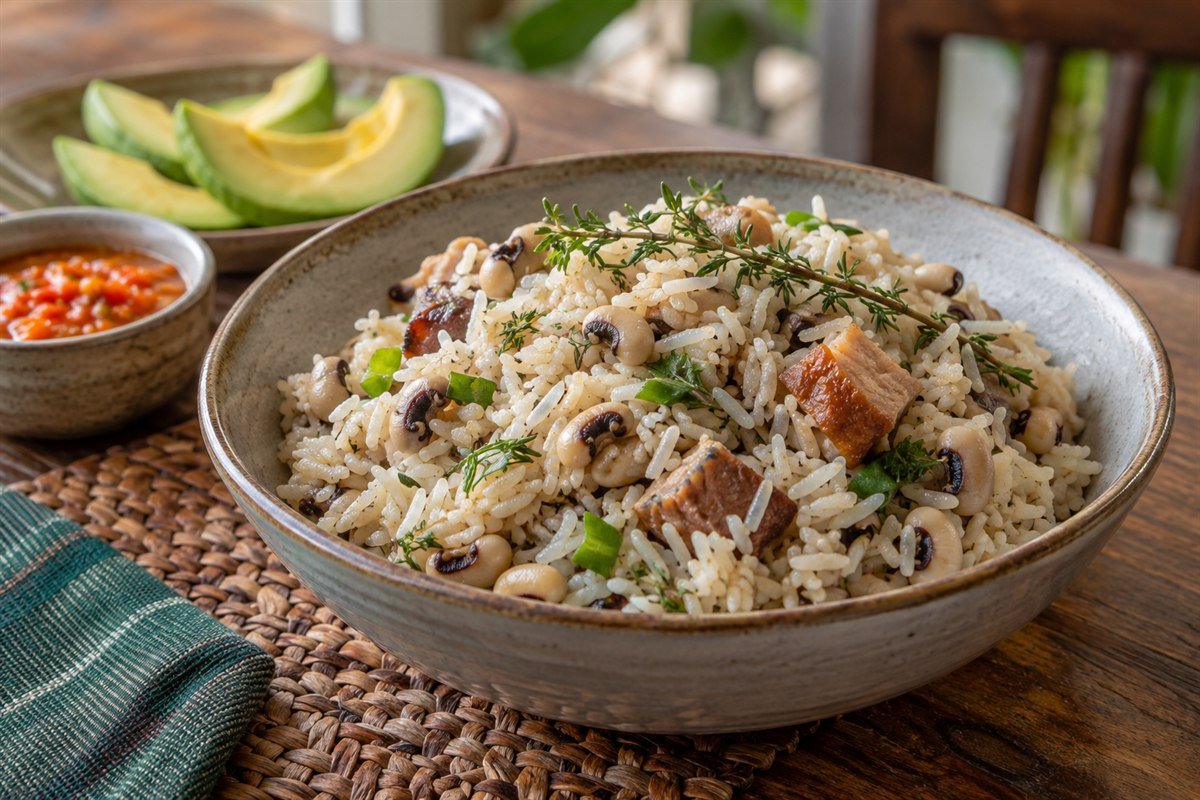A bowl of Guyanese Cook-Up Rice with black-eyed peas, coconut rice, thyme, and pork.