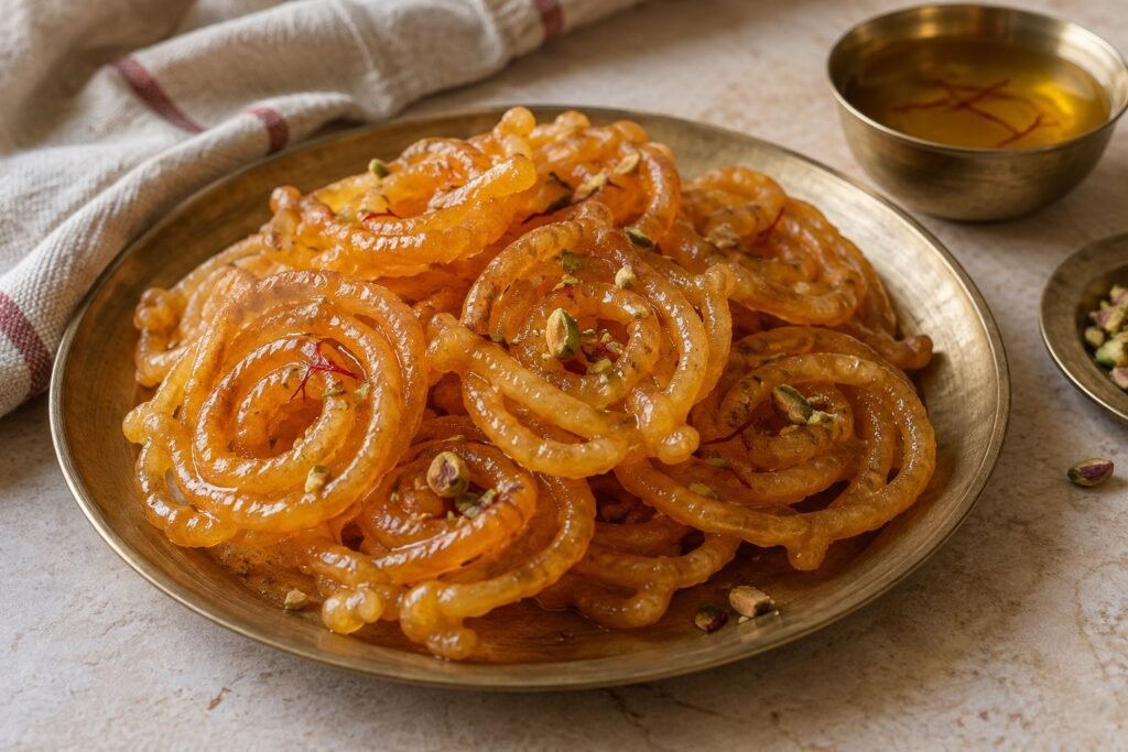 Indian jalebi spirals in saffron syrup with pistachios on a brass plate.