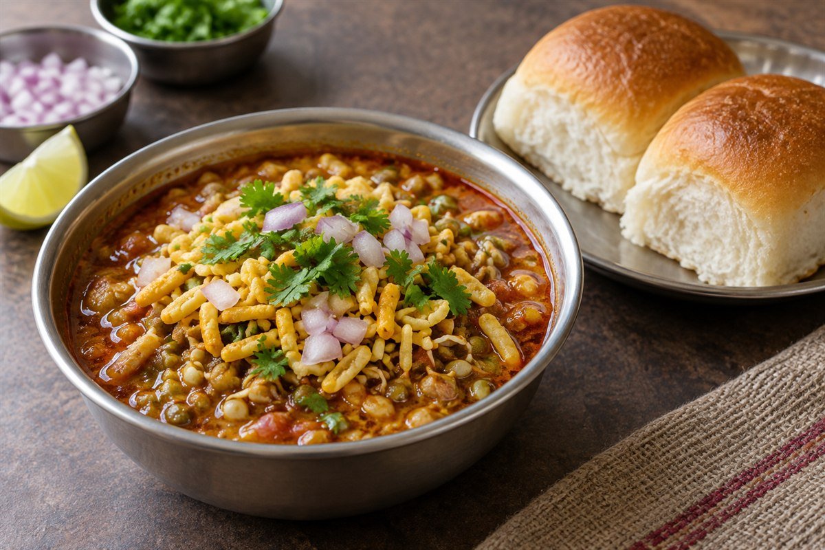 A bowl of spicy Indian Misal Pav topped with farsan, onion, cilantro, and served with pav rolls.