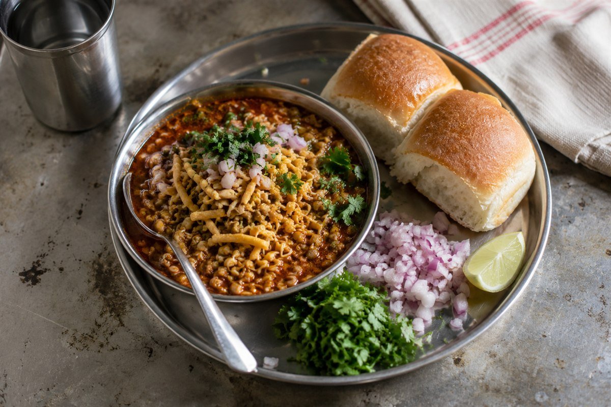 Indian Misal Pav served in a steel thali with pav, onion, cilantro, and lime.