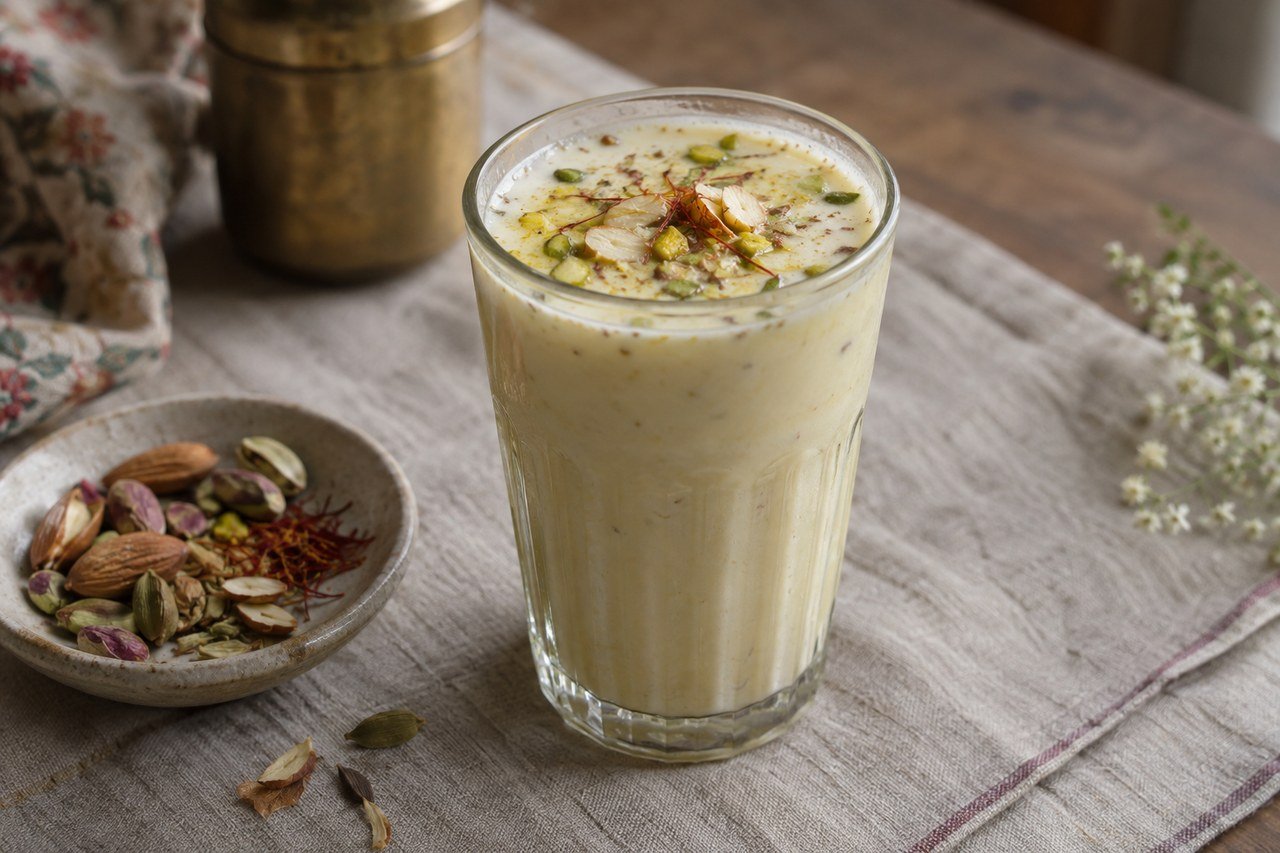 A chilled glass of Indian thandai with saffron, pistachios, almonds, and a small dish of spices.
