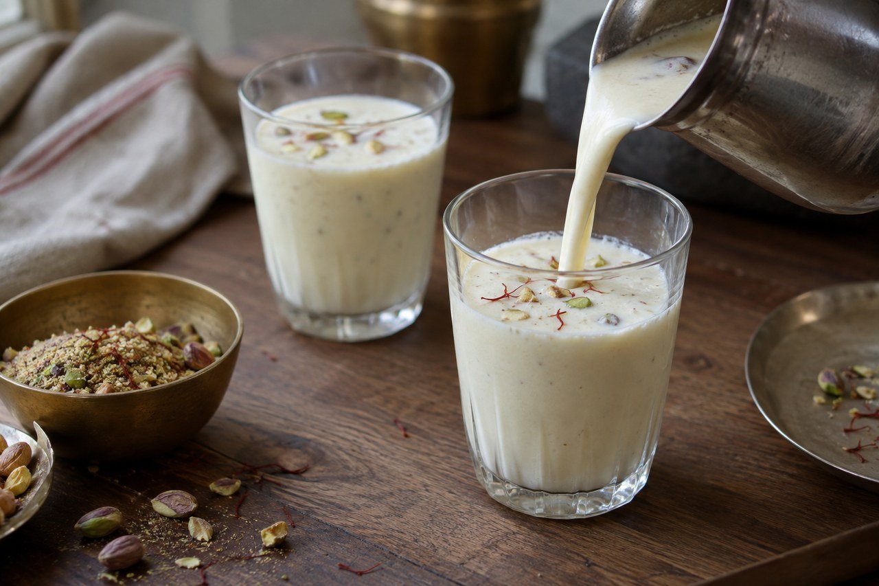 Creamy Indian thandai being poured into a glass beside pistachios, almonds, and saffron.