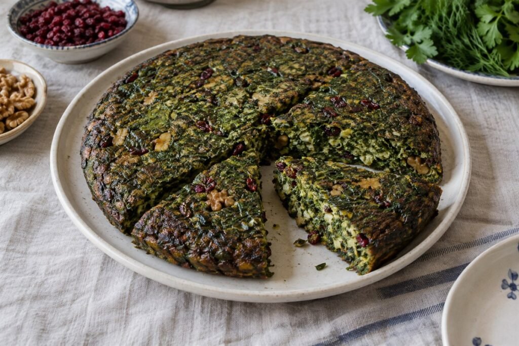 A thick slice of Iranian kuku sabzi filled with green herbs and walnuts.