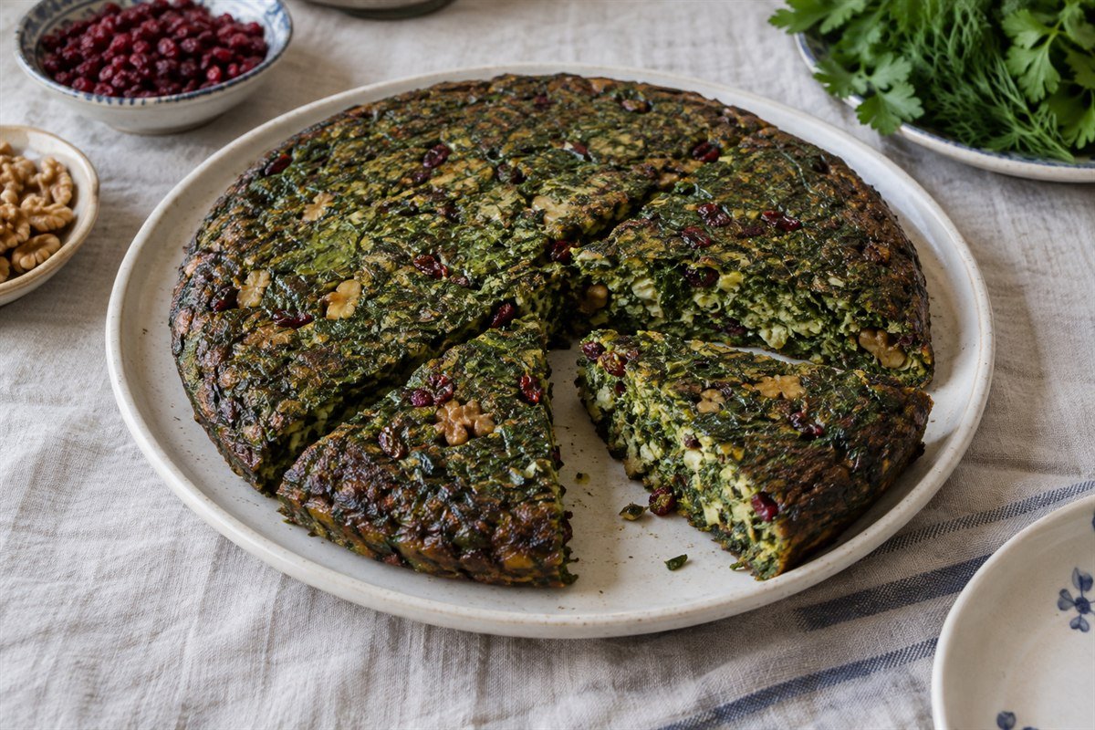 A thick slice of Iranian kuku sabzi filled with green herbs and walnuts.