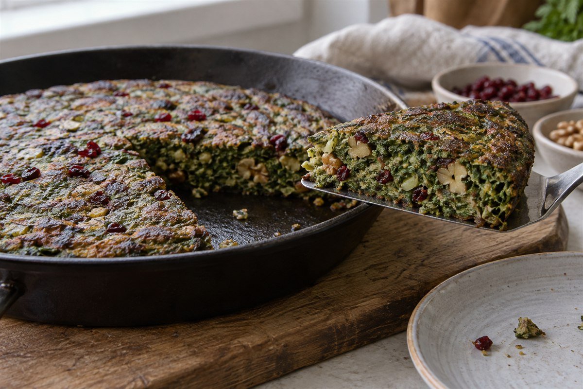 Iranian kuku sabzi being sliced and served from a cast-iron pan.