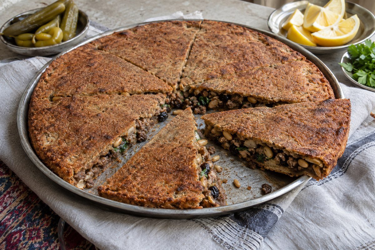A golden Iraqi kubba Mosul pie cut into wedges with a spiced beef filling.