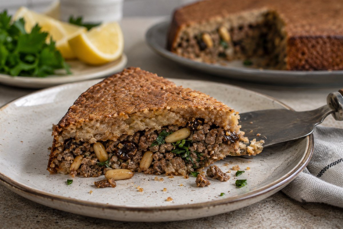 A wedge of Iraqi kubba Mosul showing its thin bulgur crust and savory beef filling.