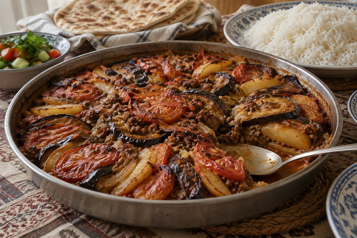 Iraqi Tepsi Baytinijan baked eggplant casserole with beef, tomato, potato, and rice.
