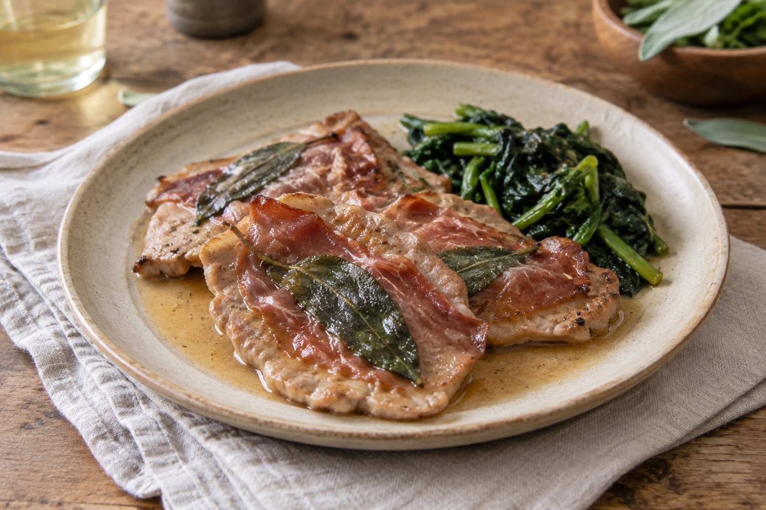 Italian saltimbocca alla romana with veal, prosciutto, sage, pan sauce, and sautéed greens.
