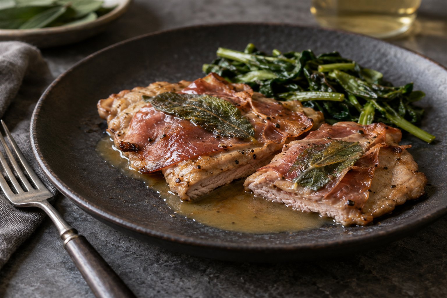 A serving of Italian saltimbocca with crisp prosciutto, sage, pan sauce, and greens.