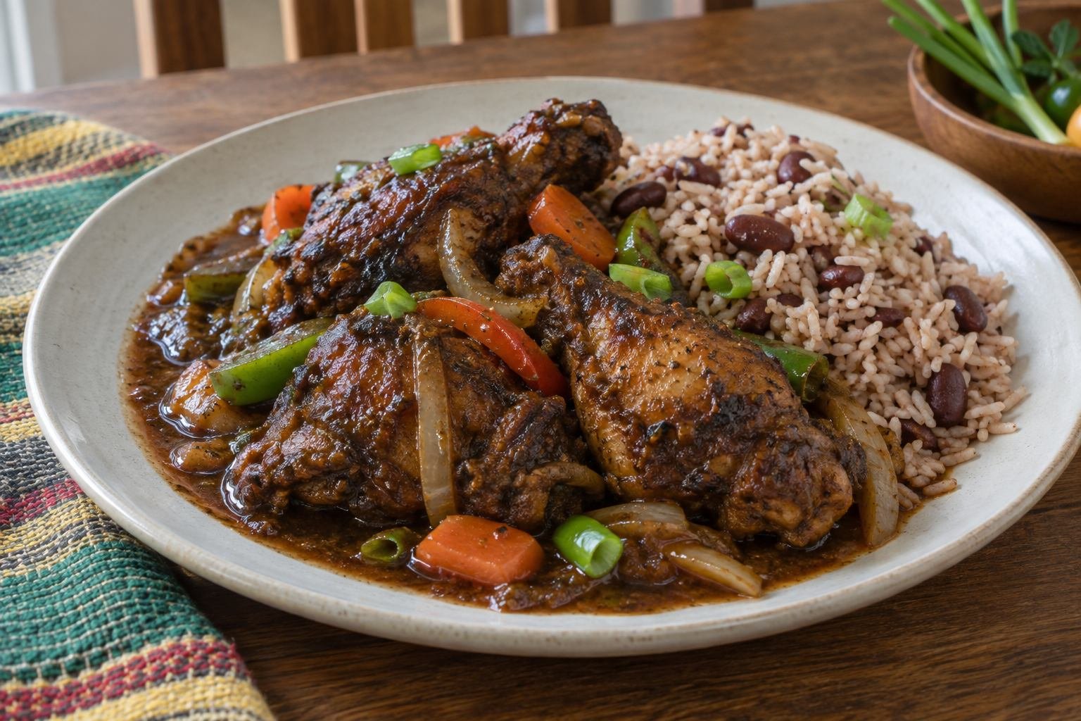 Jamaican brown stew chicken in dark gravy with peppers, onions, carrots, and rice and peas.