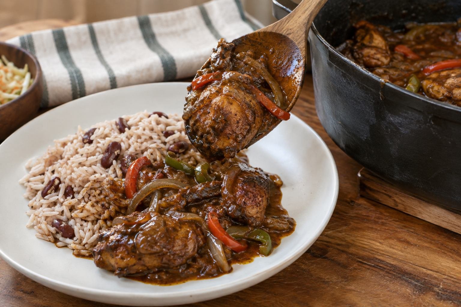 Jamaican brown stew chicken being spooned over rice and peas from a heavy pot.