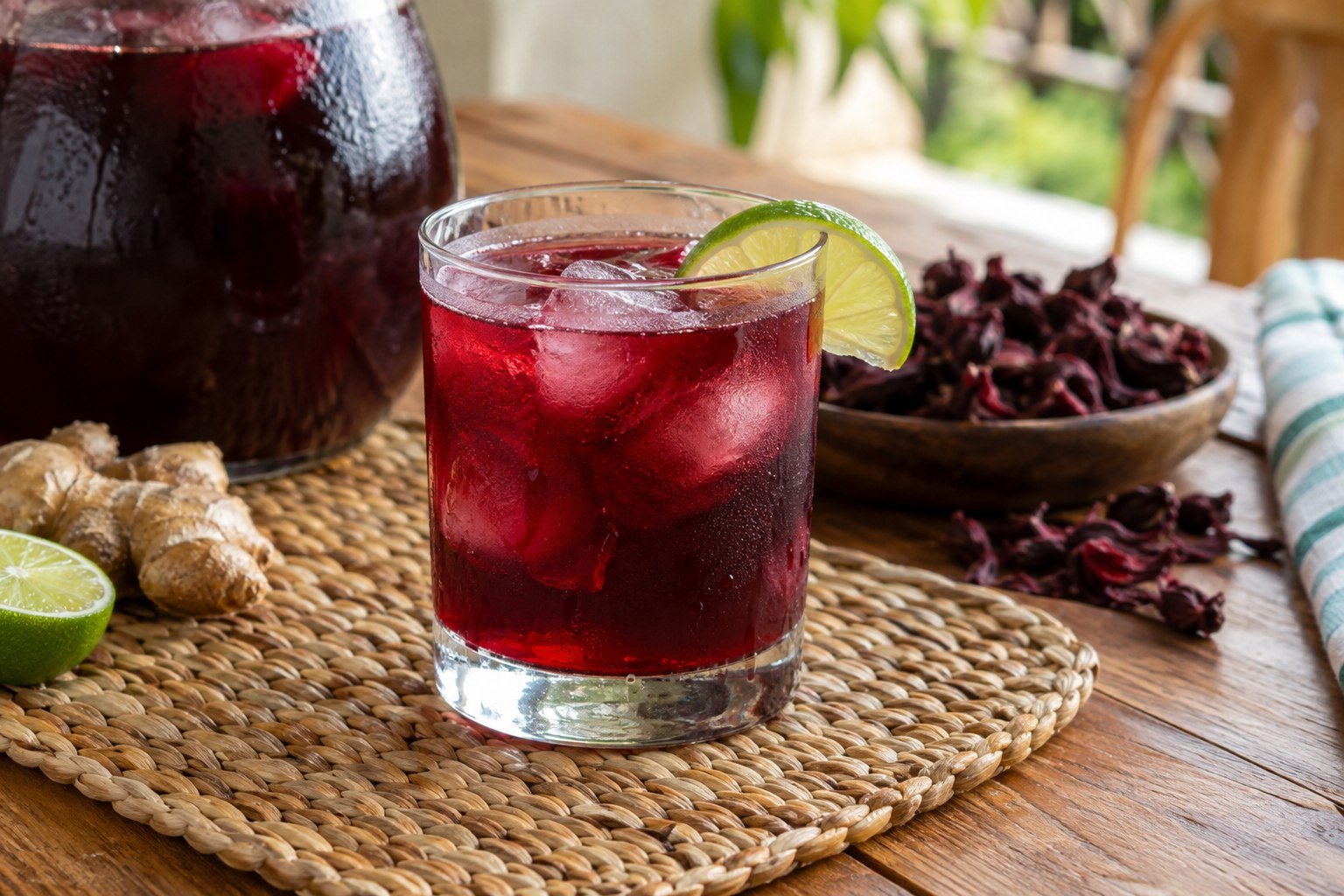 Ruby-red Jamaican sorrel drink with ice, lime, ginger, and dried hibiscus.