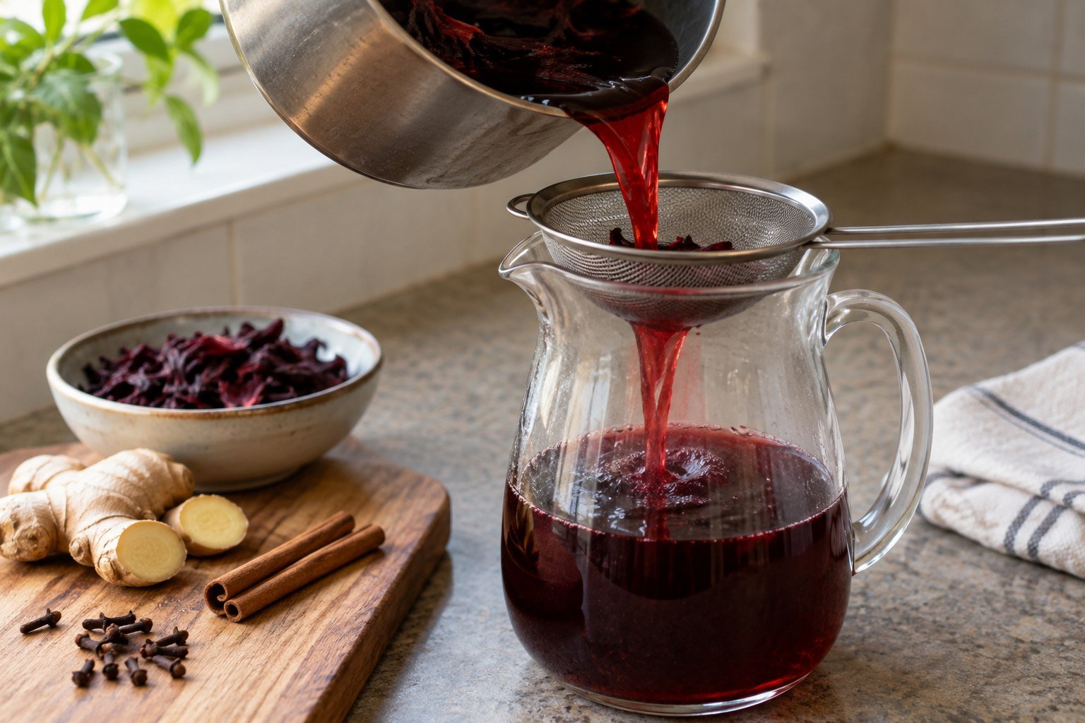 Ruby hibiscus sorrel infusion being strained into a glass pitcher beside ginger and spices.