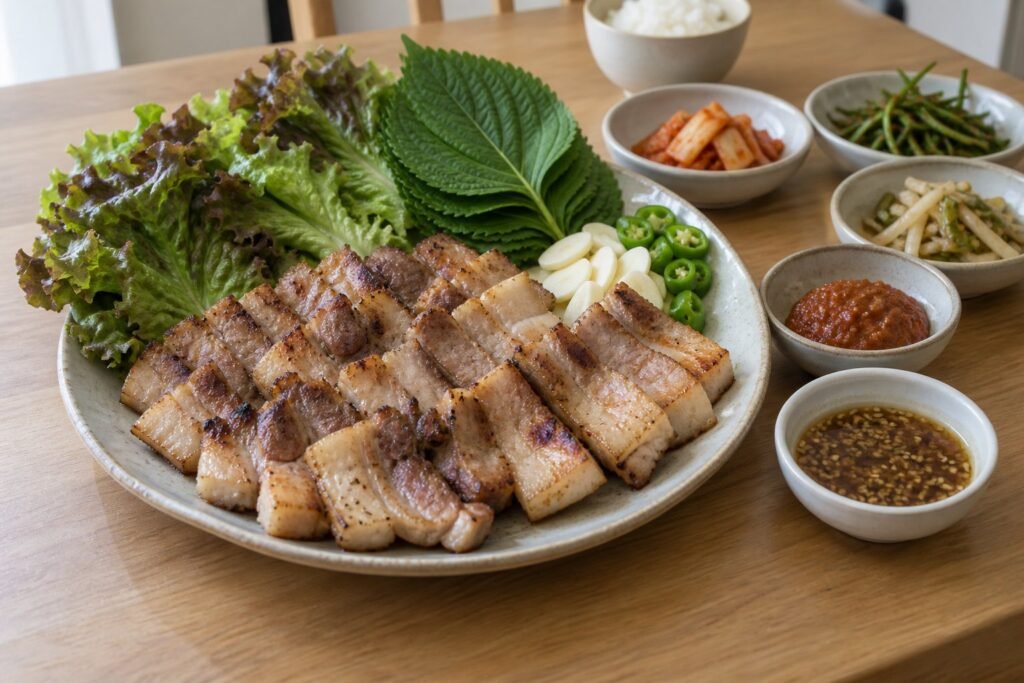 Grilled Korean samgyeopsal with lettuce, perilla leaves, banchan, and dipping sauces.
