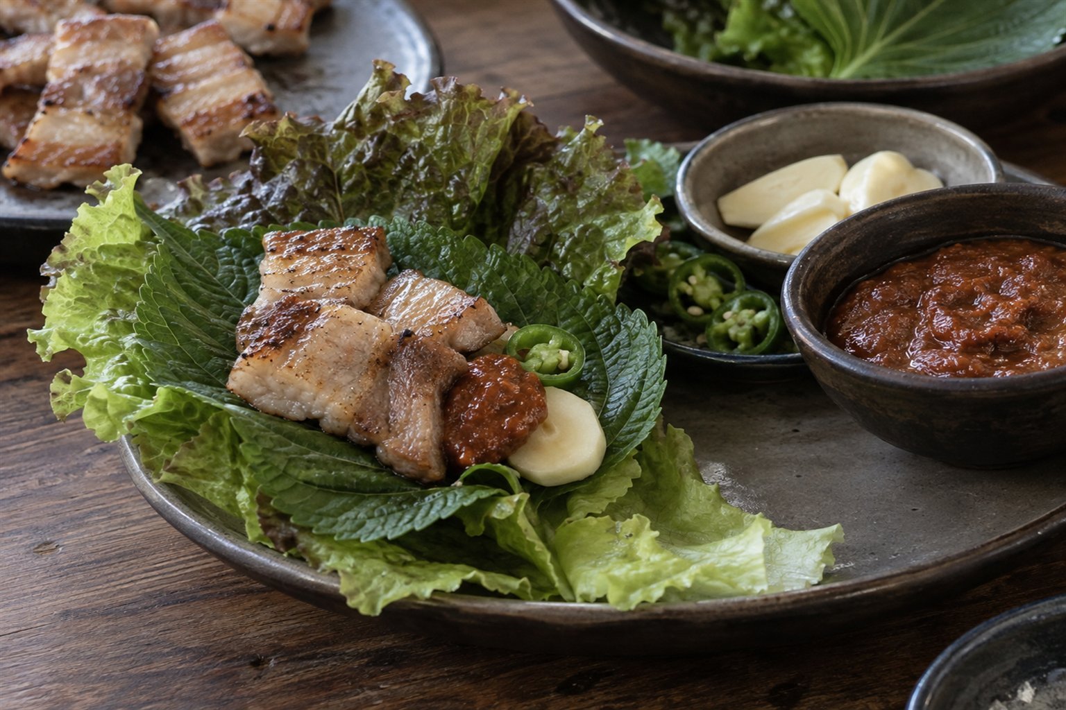 Korean samgyeopsal pork belly with lettuce wraps, garlic, chilies, and ssamjang.