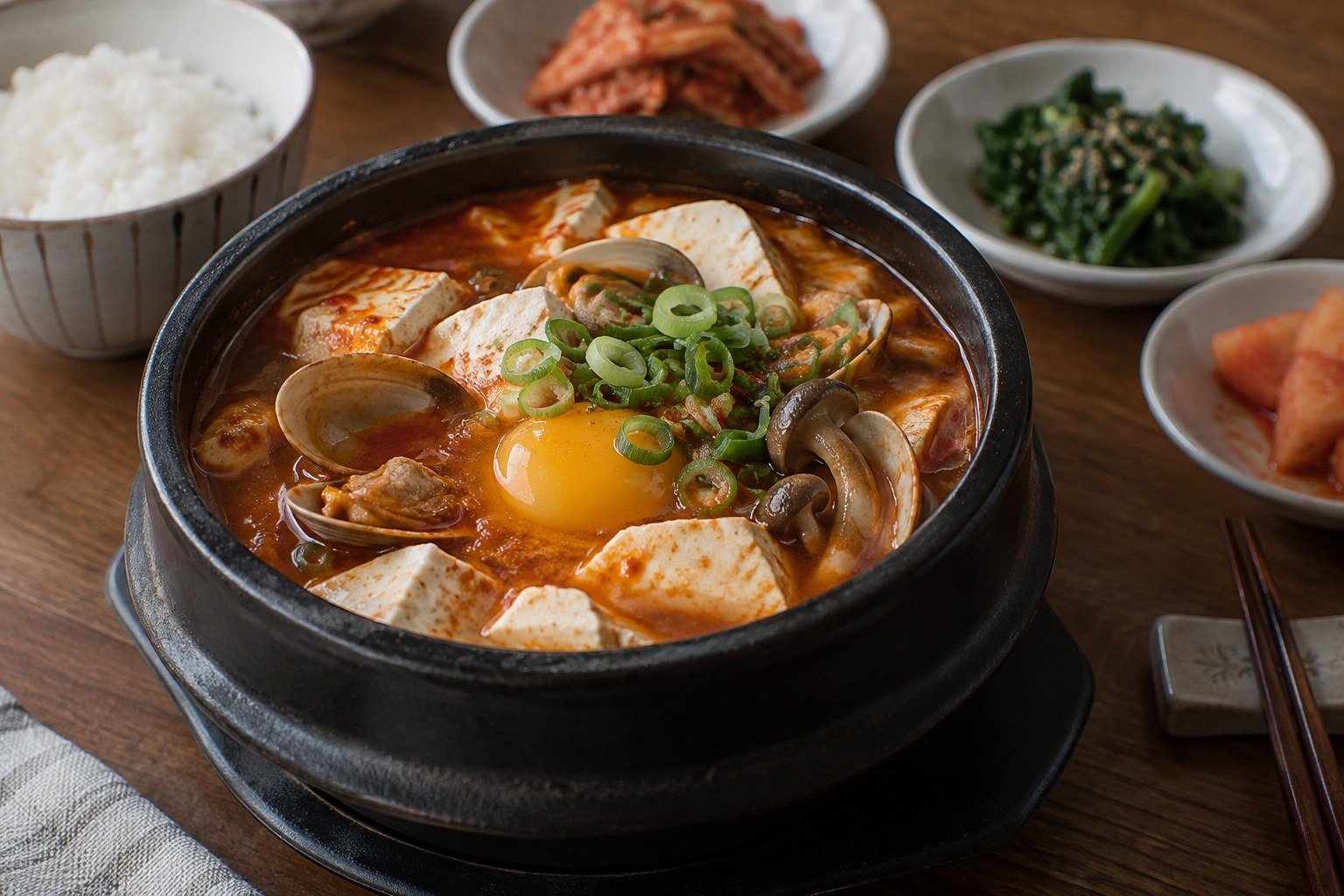 Korean sundubu-jjigae with soft tofu, clams, mushrooms, egg, and scallions in a red broth.