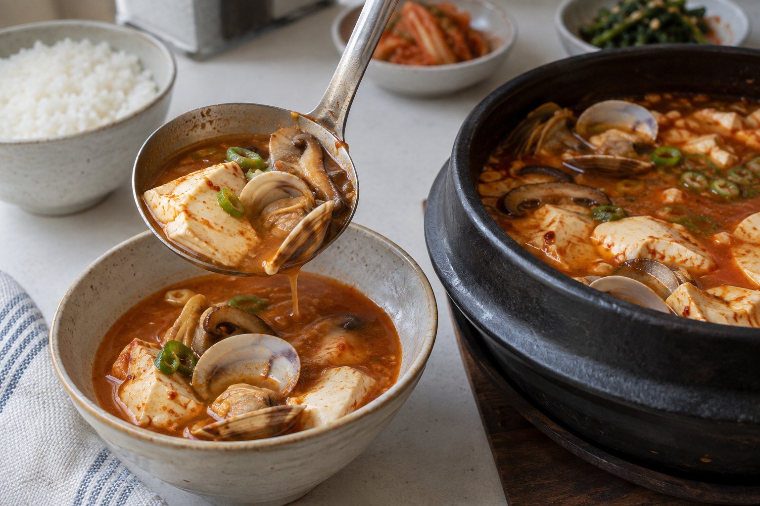 A ladle serving Korean sundubu-jjigae with soft tofu, clams, mushrooms, and red broth.