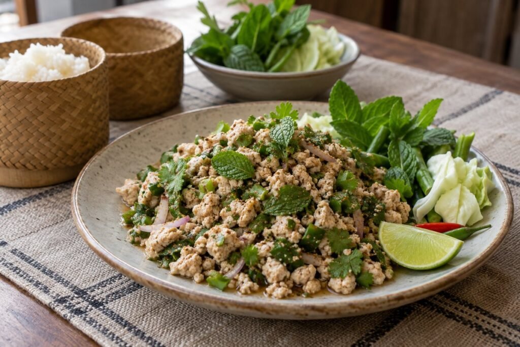 Laotian larb gai with minced chicken, herbs, toasted rice powder, lime, and lettuce.