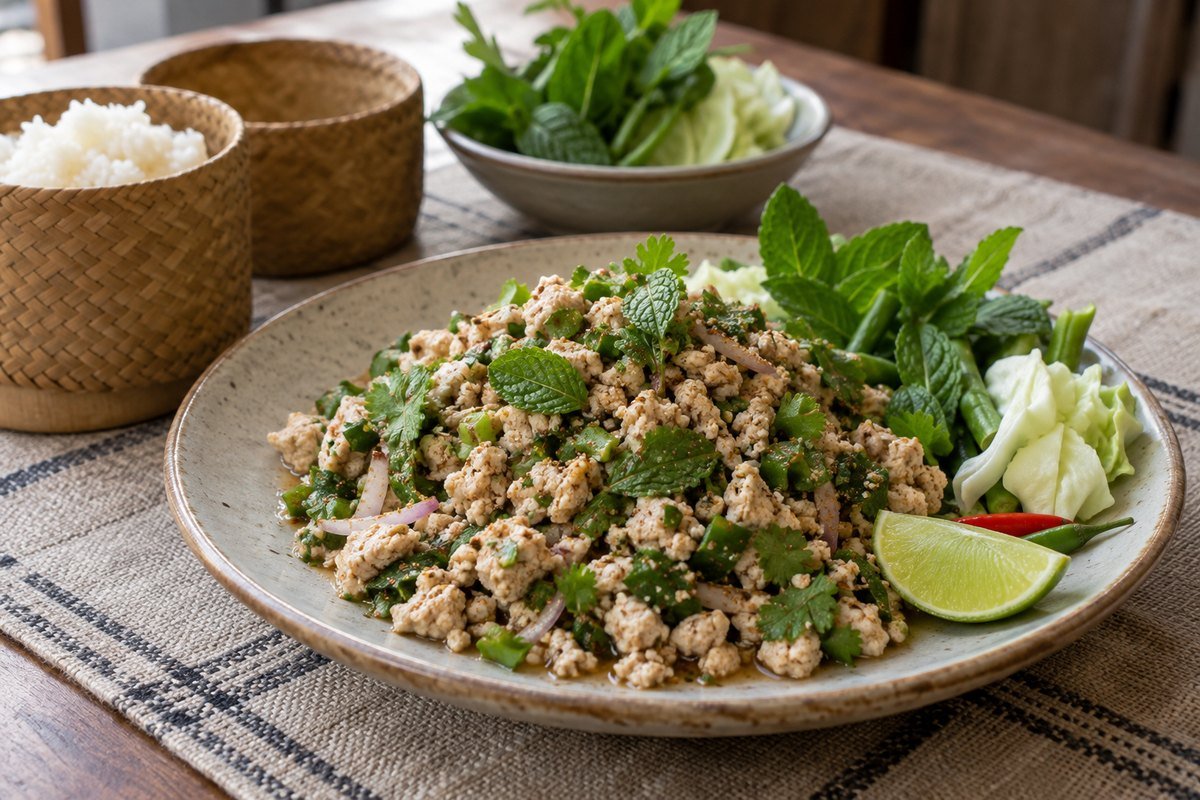 Laotian larb gai with minced chicken, herbs, toasted rice powder, lime, and lettuce.