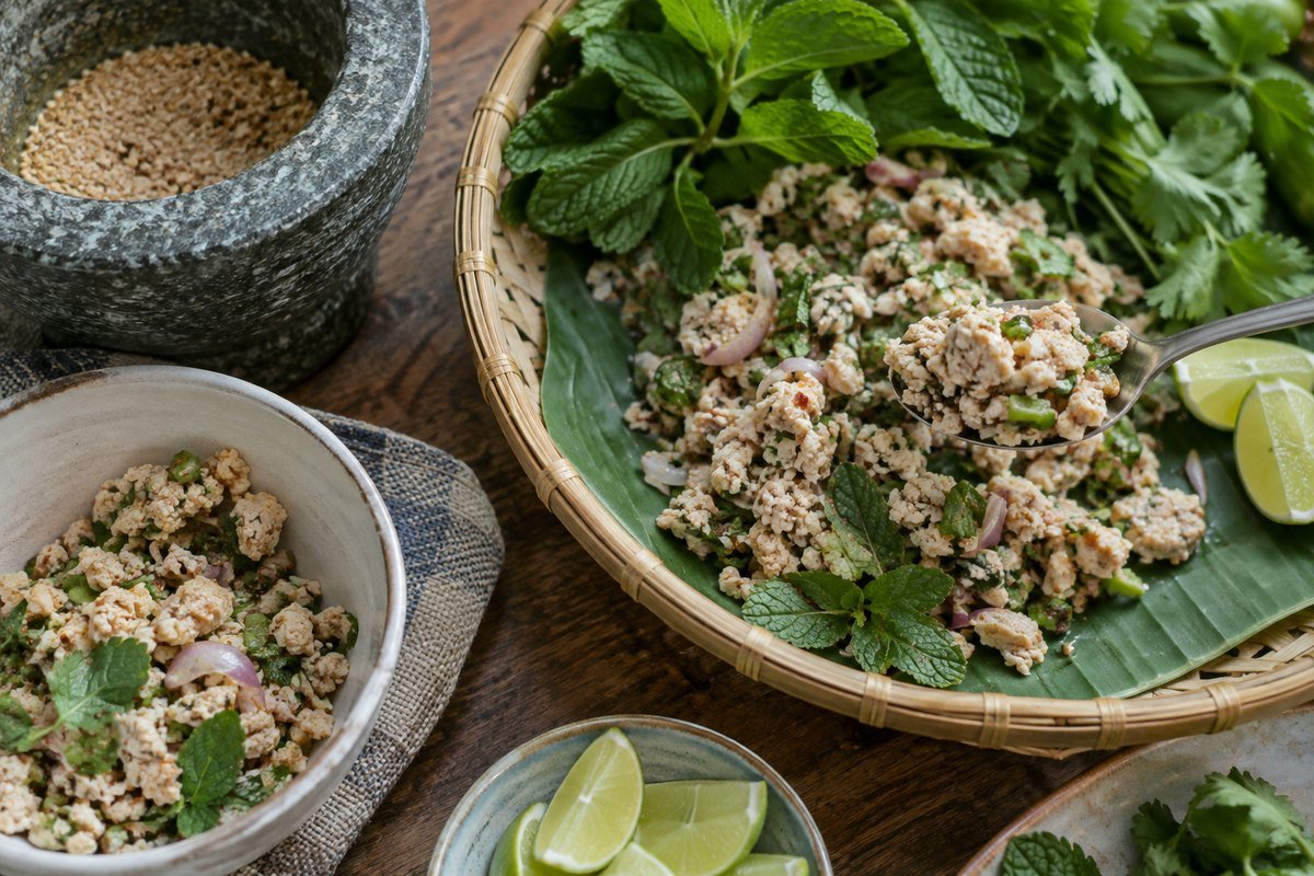 Laotian larb gai being served from a woven tray with herbs, lime, and toasted rice powder.