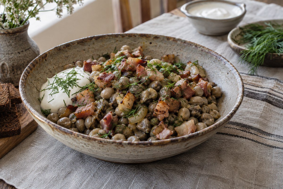 Latvian grey peas with browned bacon, onions, dill, and sour cream.