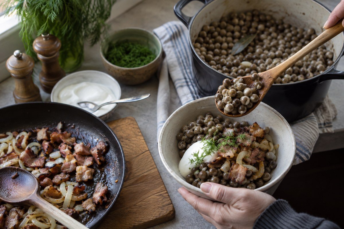 Latvian grey peas being spooned into a bowl beside browned bacon and onions.