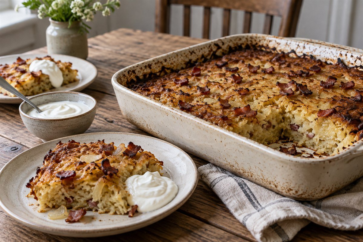 A rustic Lithuanian Kugelis potato casserole with bacon and sour cream.