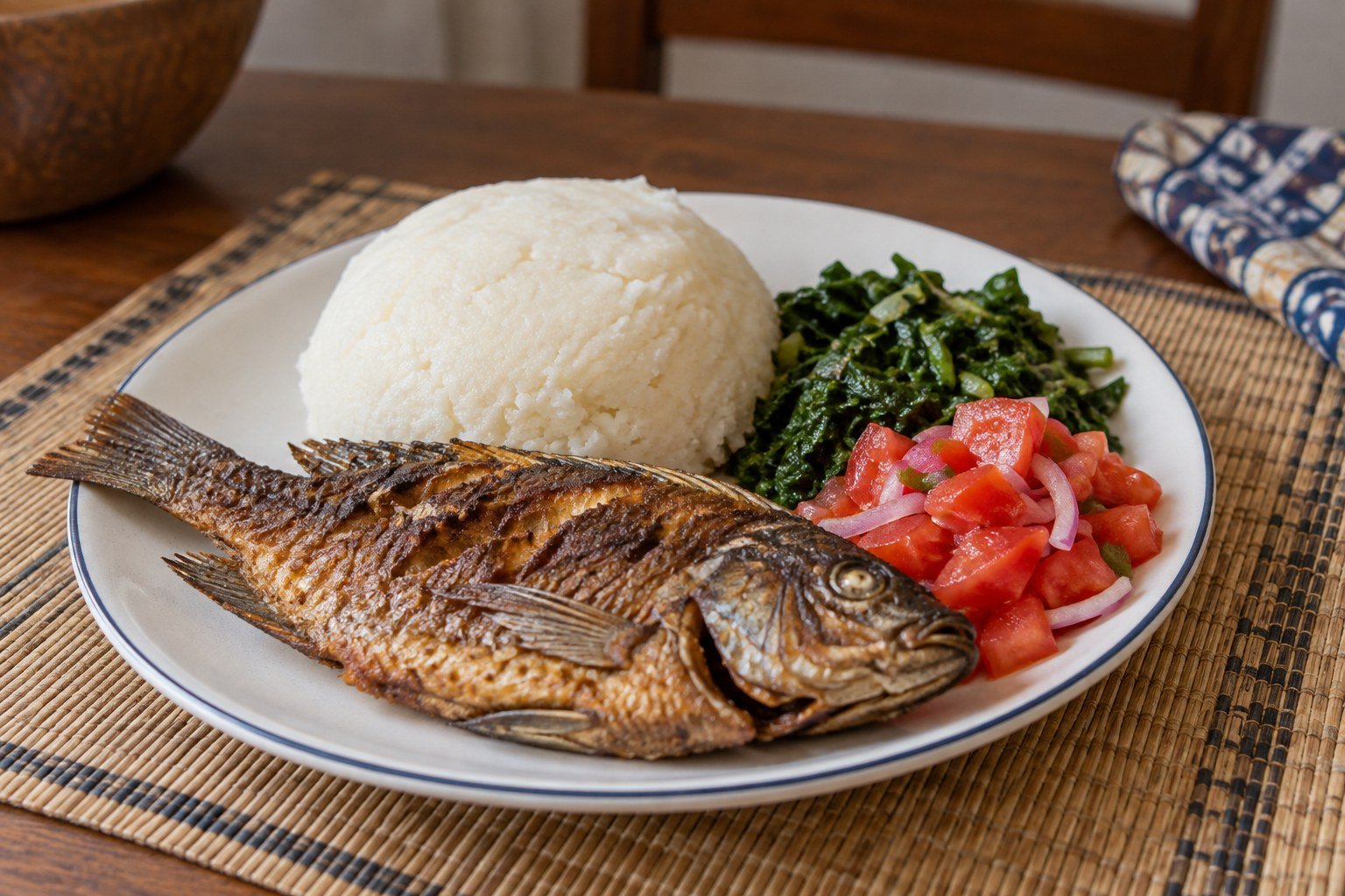 Malawian nsima with one pan-fried chambo fish, tomato relish, and leafy greens.