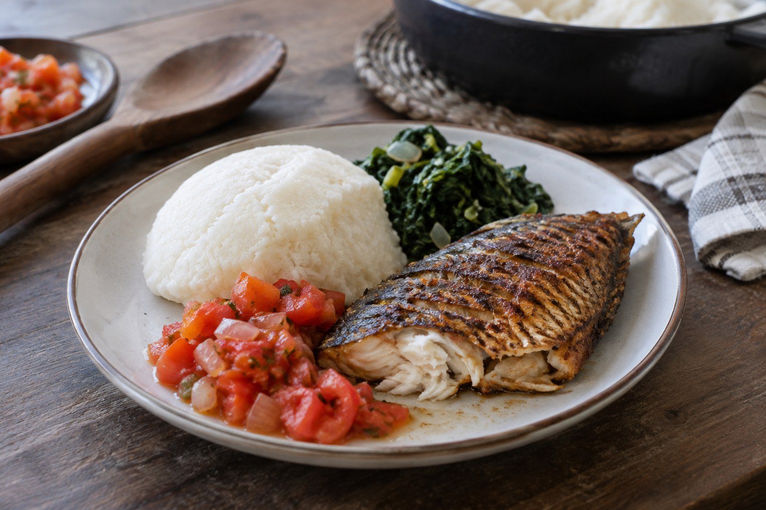 A serving of Malawian nsima with pan-fried chambo, tomato relish, and greens.