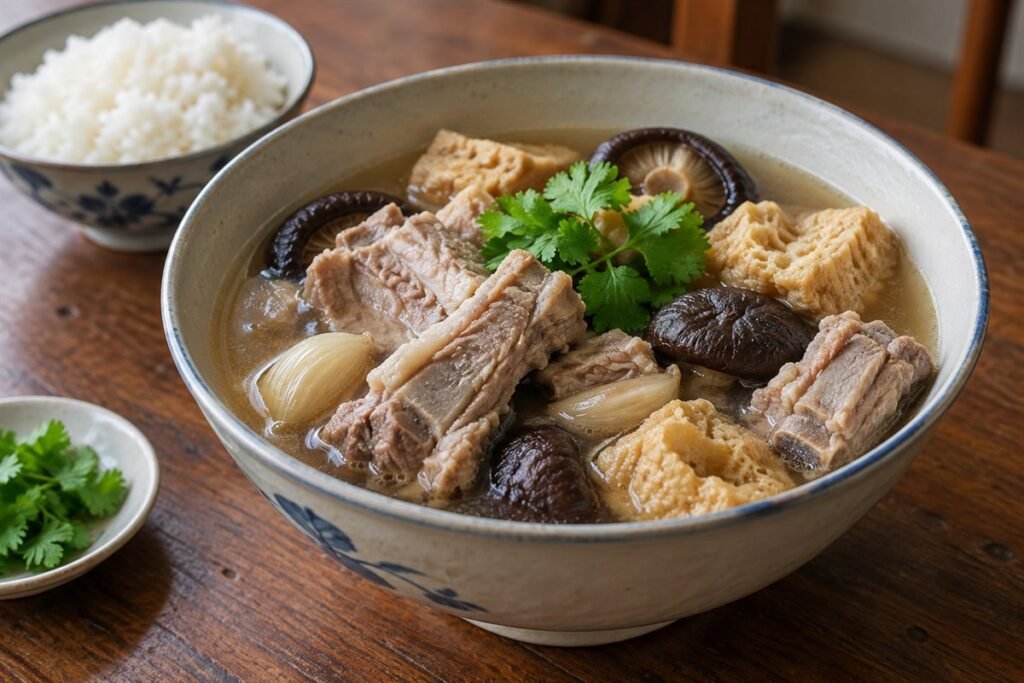 A bowl of Malaysian Bak Kut Teh with pork ribs, mushrooms, tofu puffs, and rice.