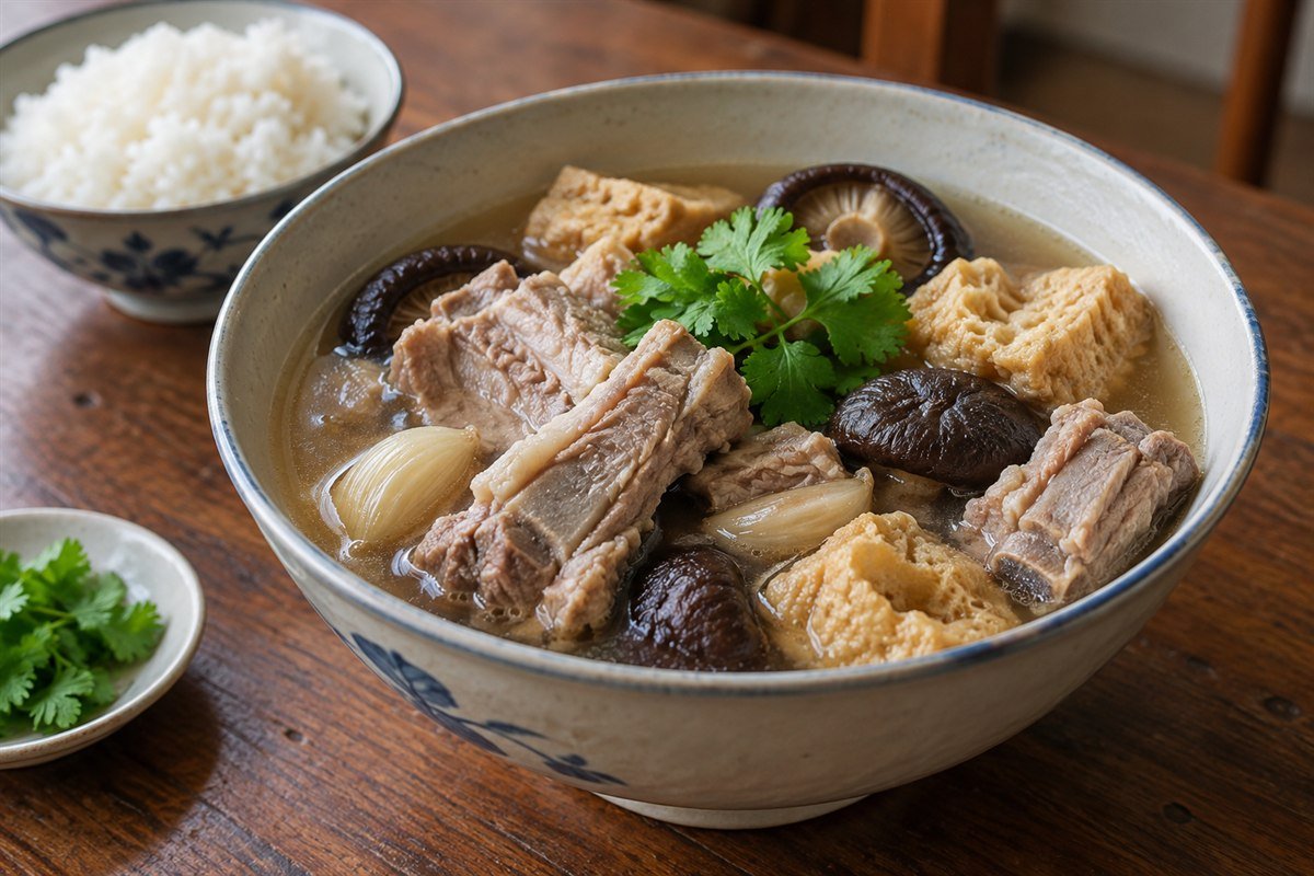 A bowl of Malaysian Bak Kut Teh with pork ribs, mushrooms, tofu puffs, and rice.