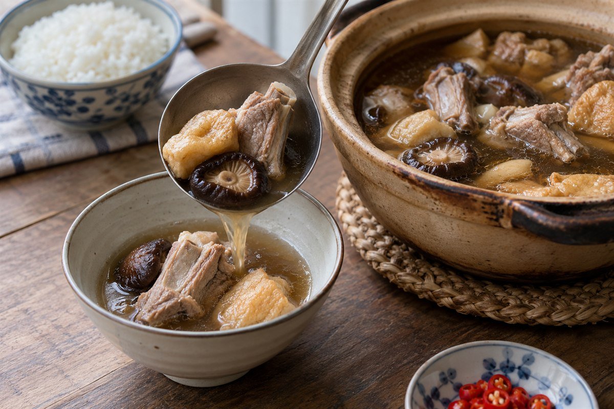 Malaysian Bak Kut Teh being ladled from a clay pot into a serving bowl.