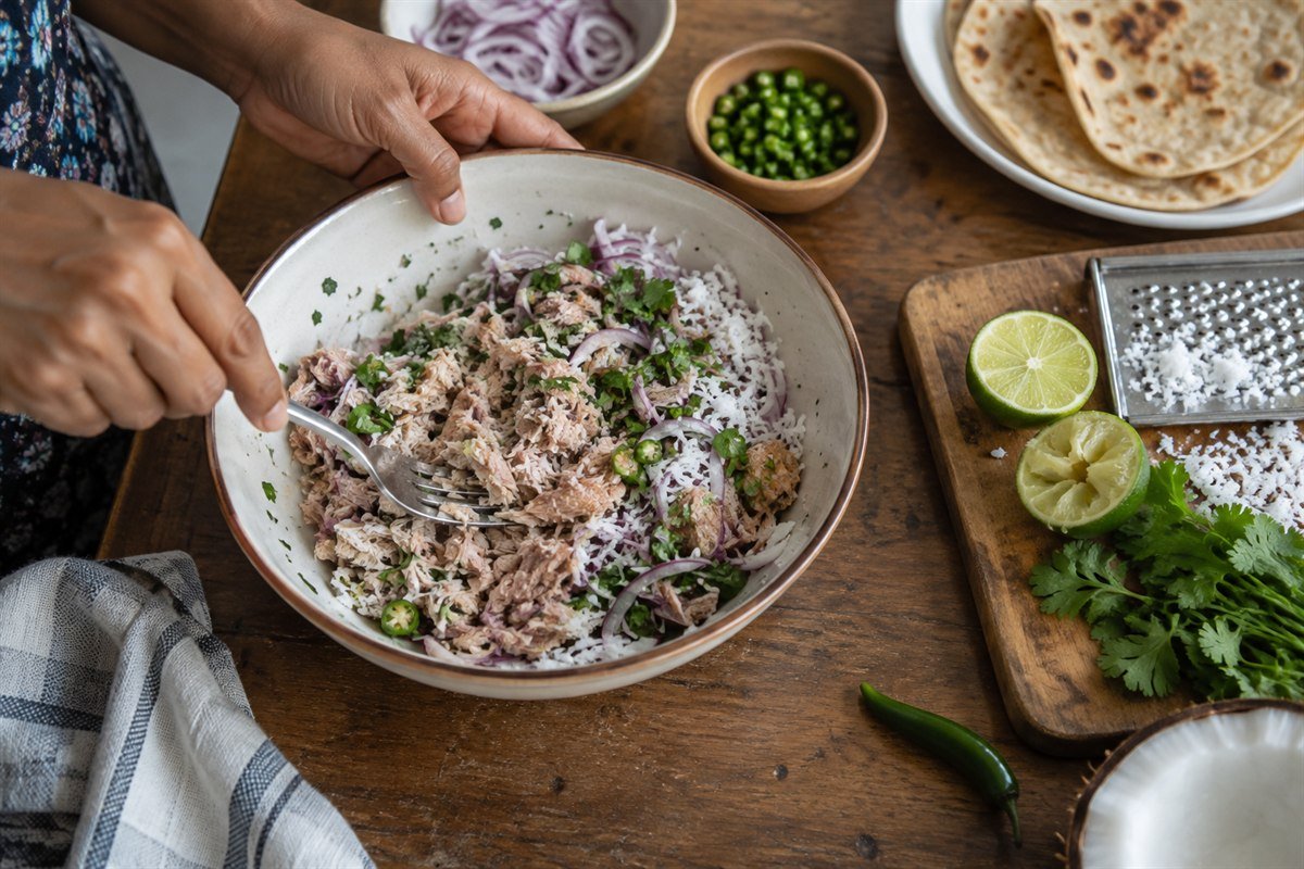 Flaked tuna being mixed with fresh coconut, sliced onion, chili, and lime for Maldivian mas huni.