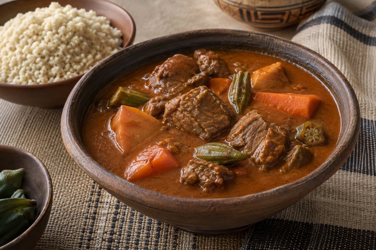 Malian maafe peanut and beef stew with sweet potato, carrots, okra, and millet couscous.