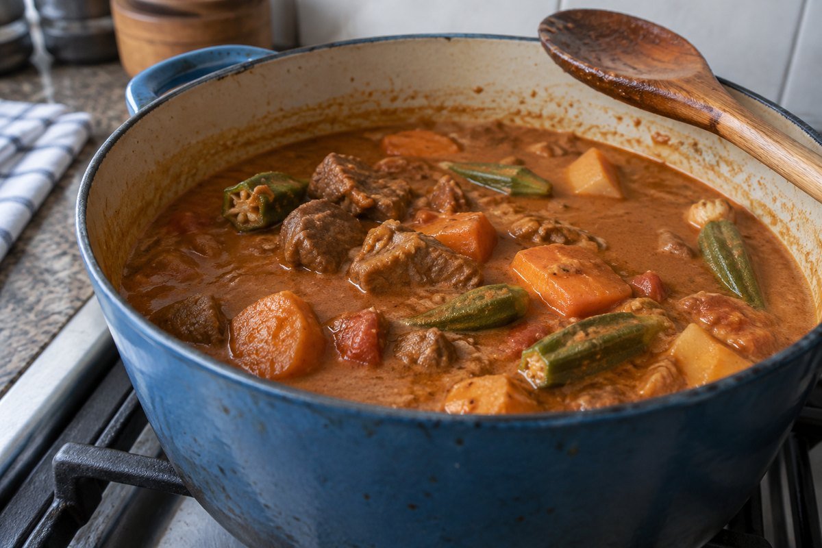 Malian maafe simmering in a heavy pot with beef, okra, carrots, and sweet potato in peanut sauce.