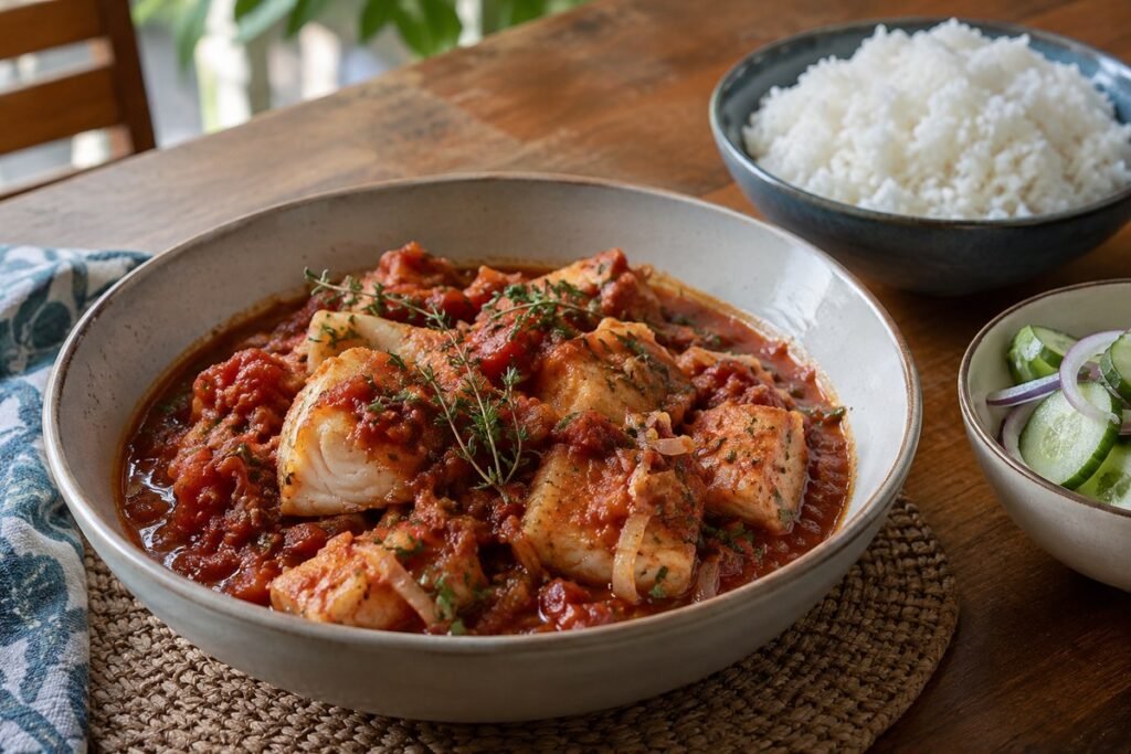 Mauritian fish rougaille in a rustic tomato sauce served with rice and cucumber salad.